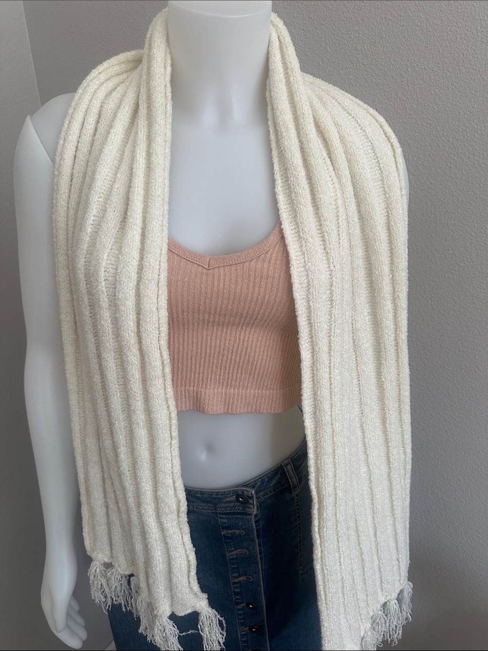 Cream Ribbed Fringe Scarf - Women's Cozy Wrap
